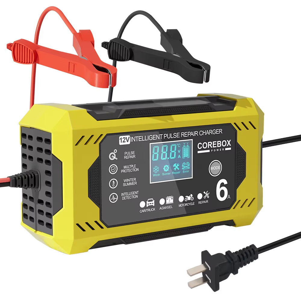 12V/6A for Motorcycle SUV Truck Smart Car Battery Charger Intelligent Pulse Repair Battery Charging High Power Multifunctional