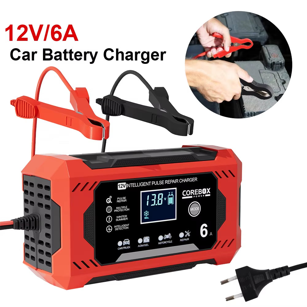 12V/6A Multifunctional Intelligent for Motorcycle SUV Truck Smart Car Battery Charger High Power Pulse Repair Battery Charging