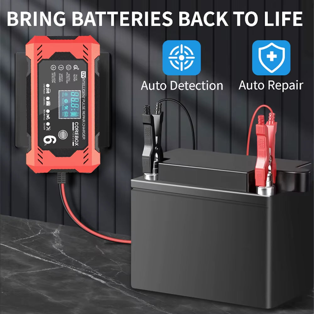 12V/6A Multifunctional Intelligent for Motorcycle SUV Truck Smart Car Battery Charger High Power Pulse Repair Battery Charging