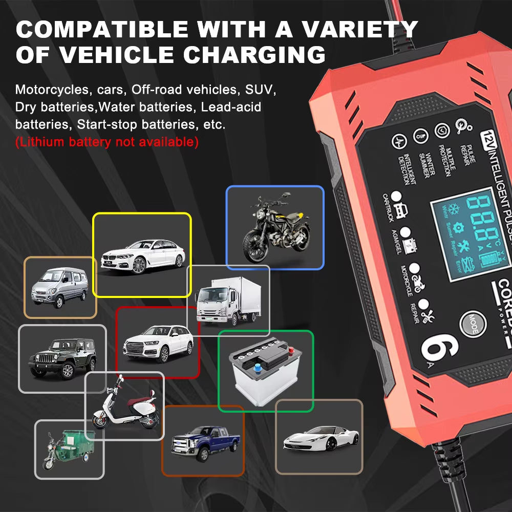 Pulse Repair Battery Charging 12V/6A High Power Intelligent Multifunctional for Motorcycle SUV Truck Smart Car Battery Charger