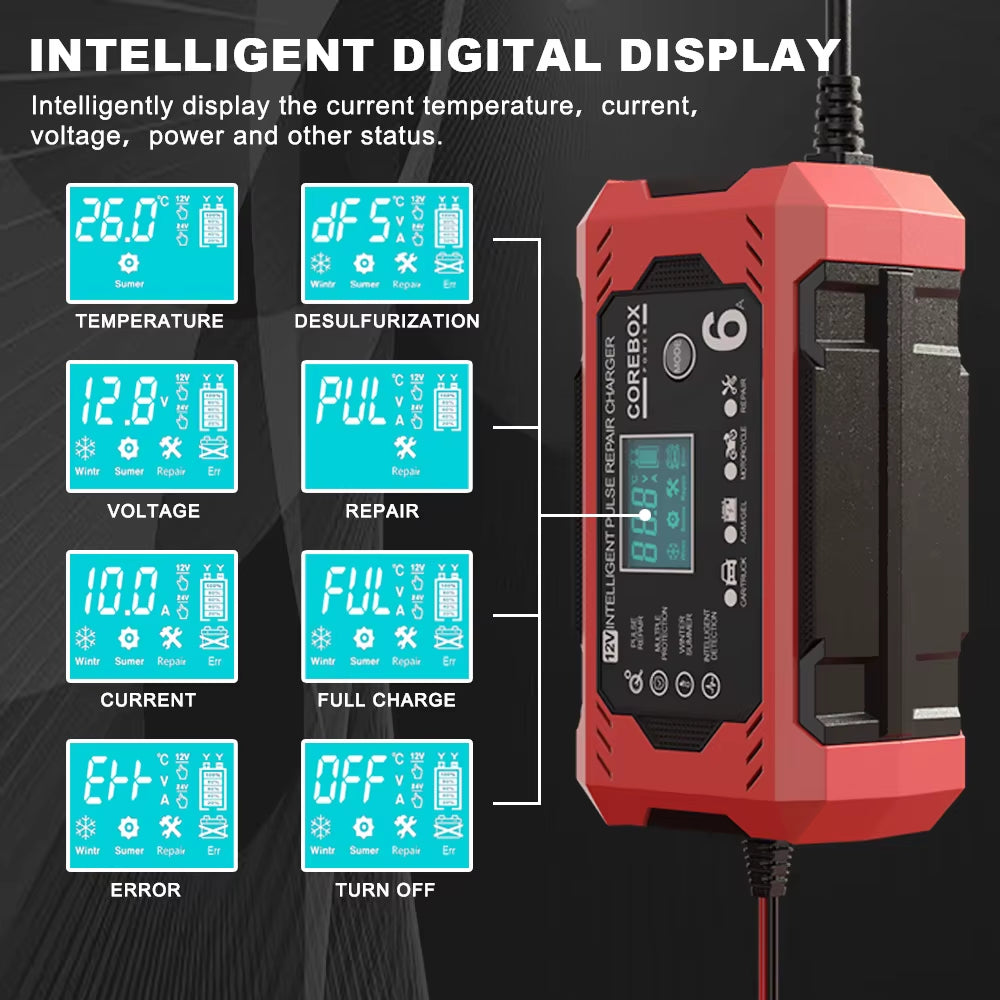 Pulse Repair Battery Charging Smart Car Battery Charger Multifunctional for Motorcycle SUV Truck 12V/6A Intelligent High Power